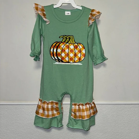Baby Girl Green Orange Plaid Pumpkin Ruffle Bodysuit 6-9 M Fall Autumn Romper - Picture 10 of 11